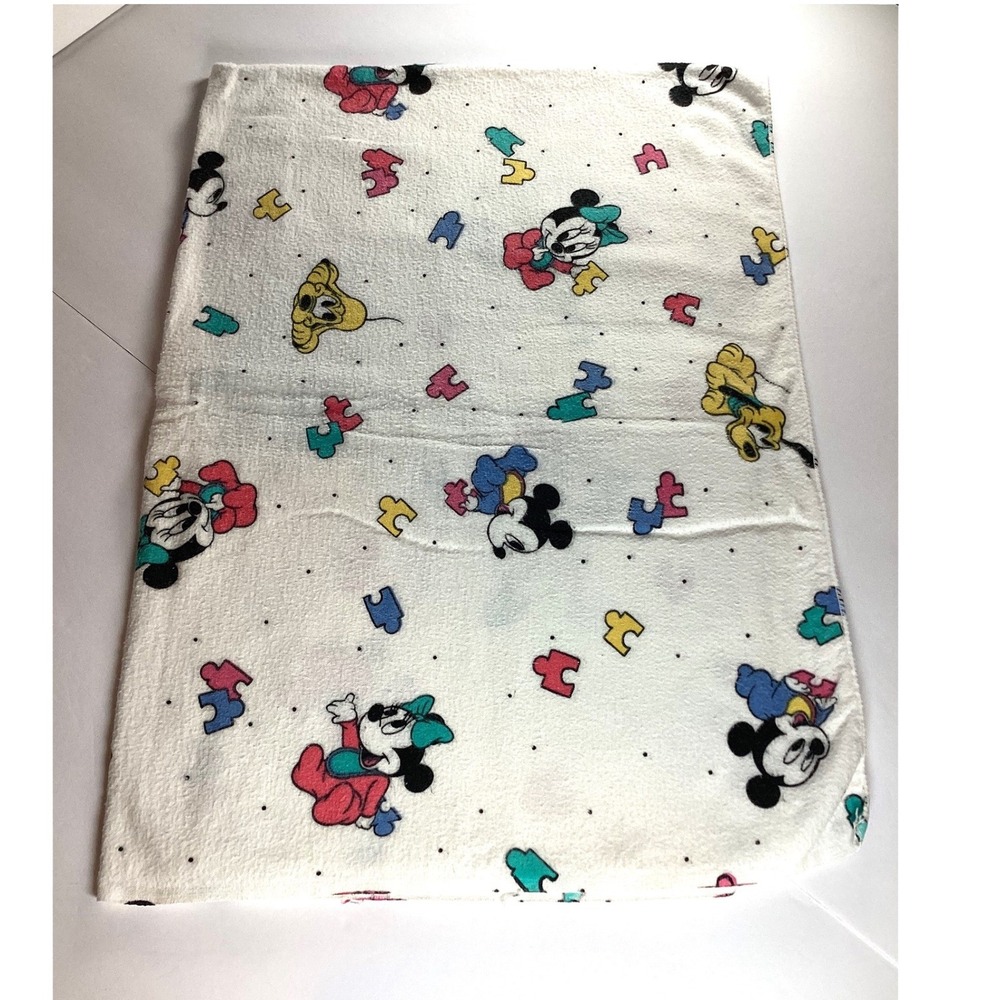 Disney Baby Mickey Minnie Pluto Puzzle Print Blanket OS White EUC 90's/Y2K